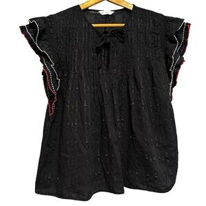 ACOS&A Black Boho Flutter Sleeve Blouse Large Tie Neck Textured Cotton Peasant